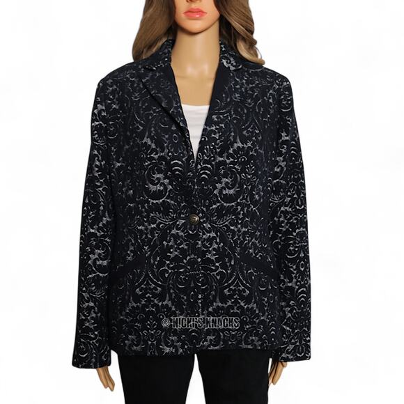 CAbi Velvet Jacquard Blazer Jacket Navy Blue Patterned Button Front Size 6 - Picture 3 of 11